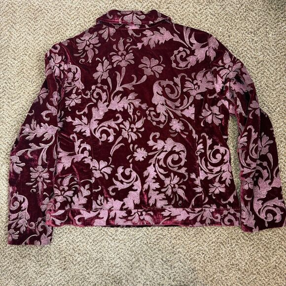 Chico's 2 Burgundy Velour Shimmer Filigree Button Blazer Pockets Lined Christmas - Picture 5 of 10